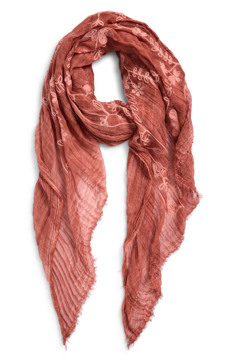 Treasure & Bond Floral Embroidered Gauze Fringe Scarf, Main, color, Pink Desert