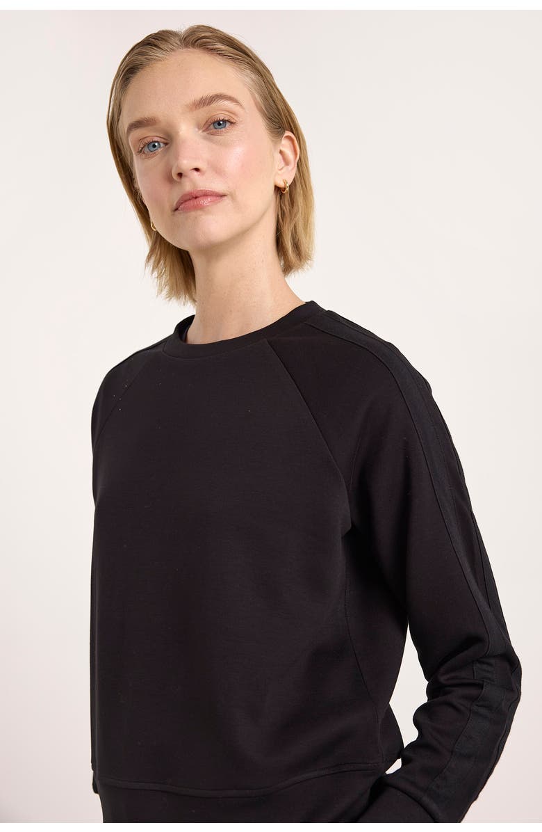 Brodie Pure Cashmere Stripe Sleeve Crew Neck Sweatshirt, Alternate, color, Black