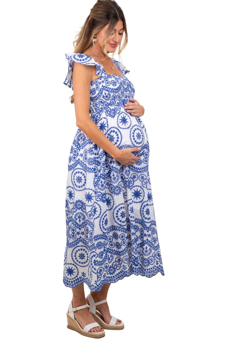 PinkBlush Embroidered Smocked Cutout Midi Dress, Alternate, color, Navy Blue