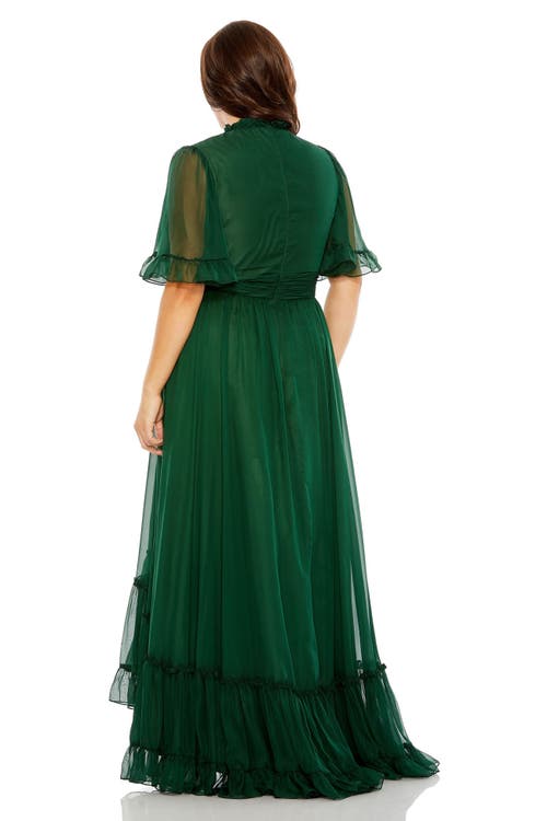 Mac Duggal High Neck Flutter Sleeve Ruffle Tiered High Low Plus Size Gown In Emerald