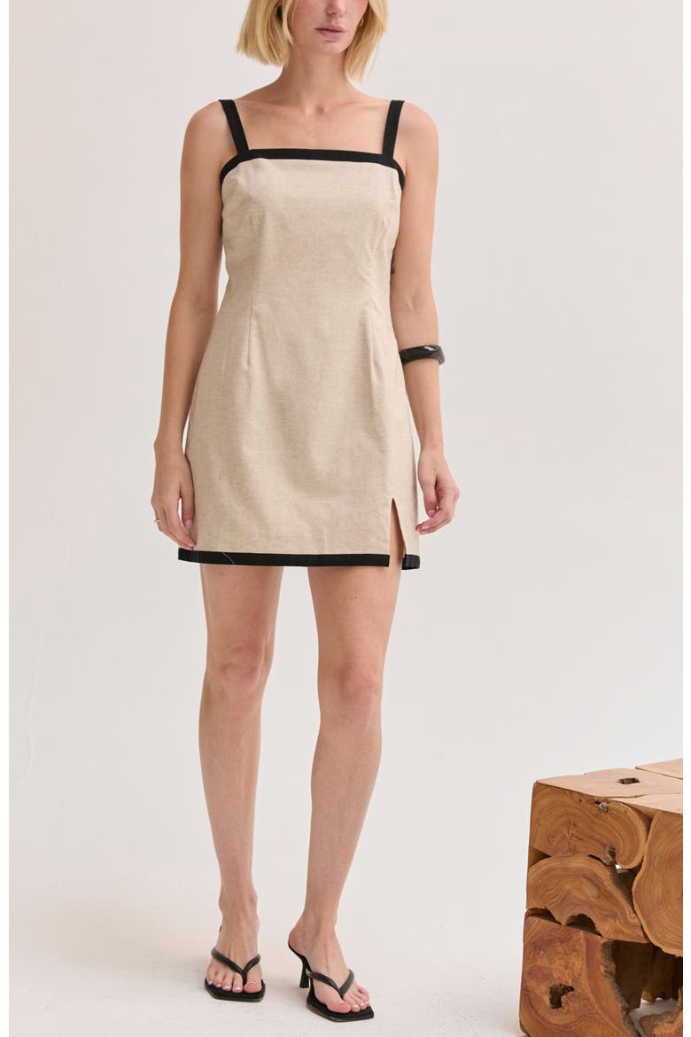 Contrast Trim Linen Blend Mini Dress, Alternate, color, Oatmeal/Black