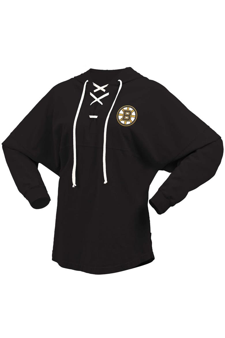 Women's Fanatics Branded Black Boston Bruins Jersey Lace-Up V-Neck Long Sleeve Hoodie T-Shirt, Alternate, color, Black