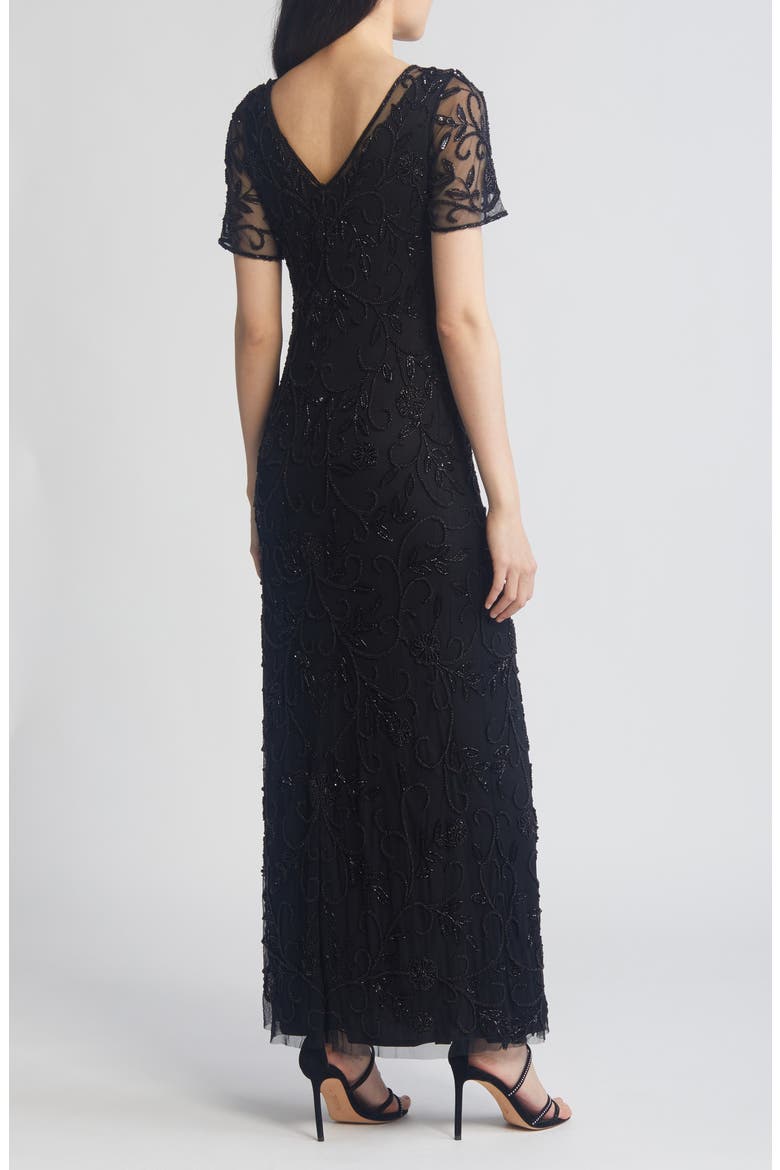 Floral Beaded Short Sleeve A-Line Gown, Alternate, color, BLACK