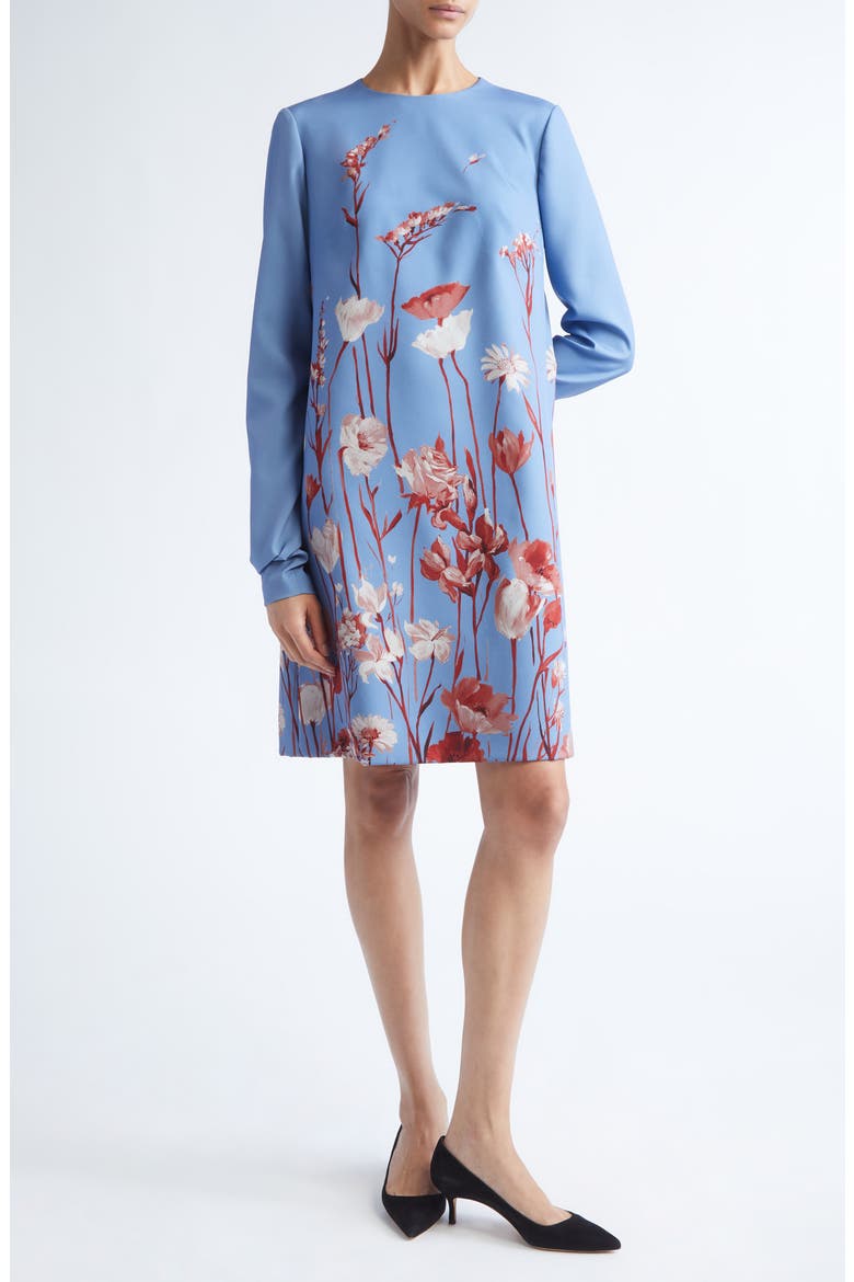 Floral Long Sleeve Stretch Crepe Shift Dress, Main, color, CORNFLOWER MULTI
