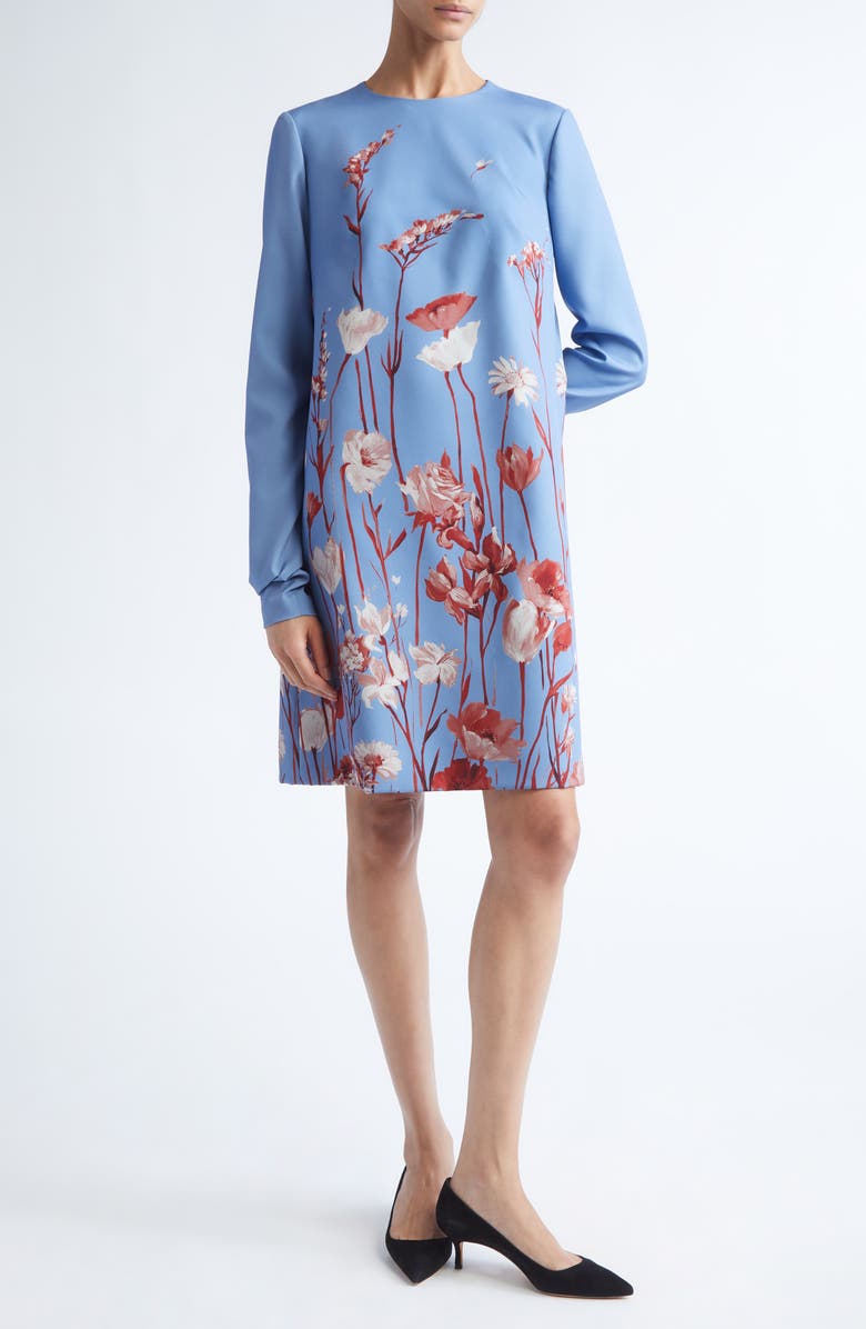 Lela Rose Floral Long Sleeve Stretch Crepe Shift Dress, Main, color, Cornflower Multi