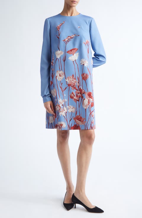 Floral Long Sleeve Stretch Crepe Shift Dress