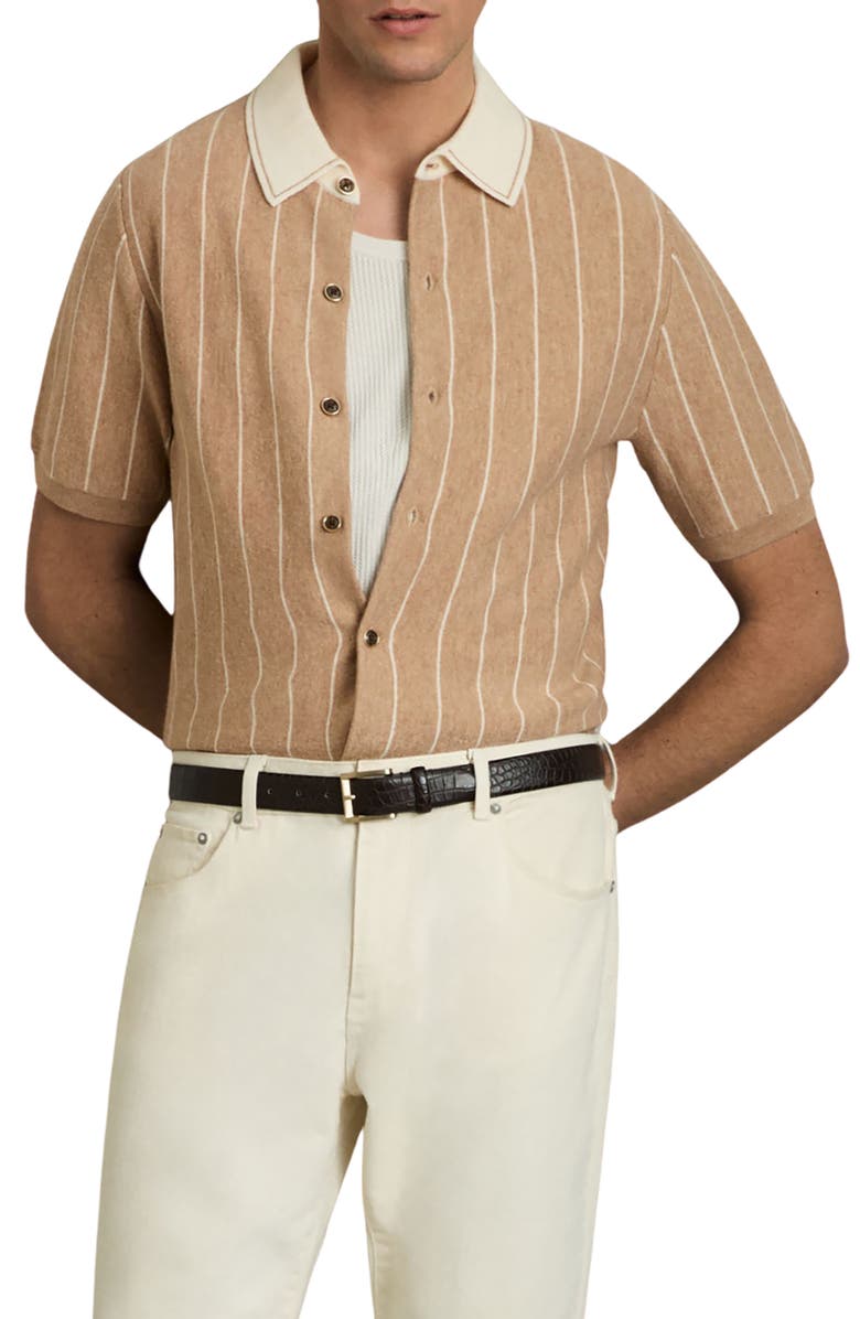 Reiss Worthy Stripe Short Sleeve Wool Button-Up Shirt, Main, color, Camel