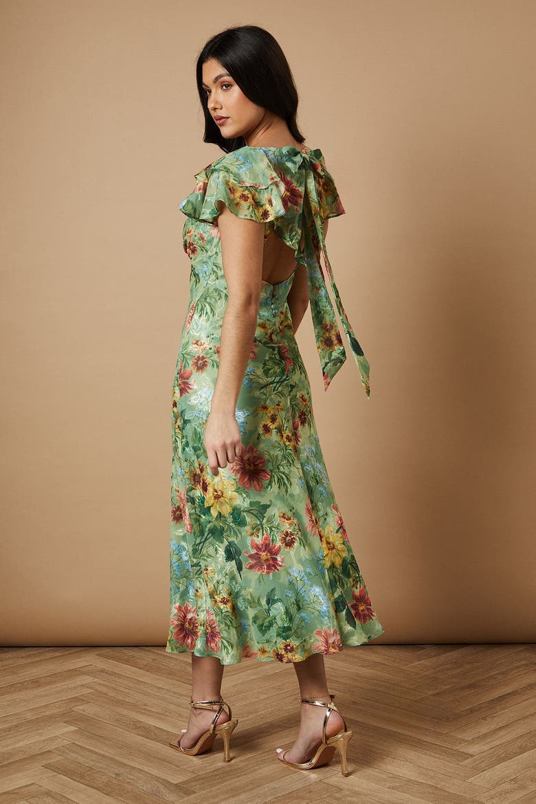Floral Satin Burnout Ruffle Midi Dress, Alternate, color, Sage