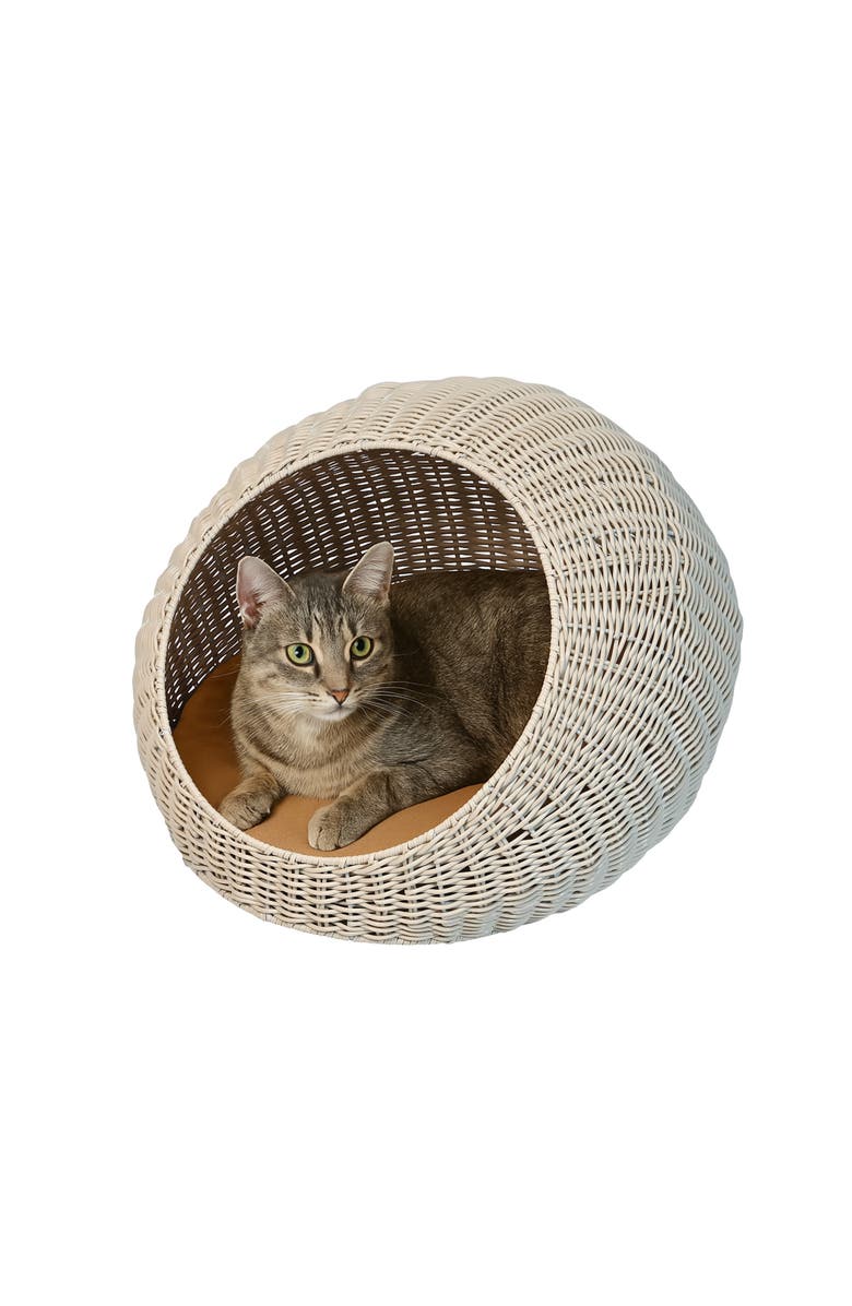 The Licker Store Fiora 19.5" x 18" Modern Circular Faux Wicker Pet Bed with Machine-Washable Cushion, Main, color, White