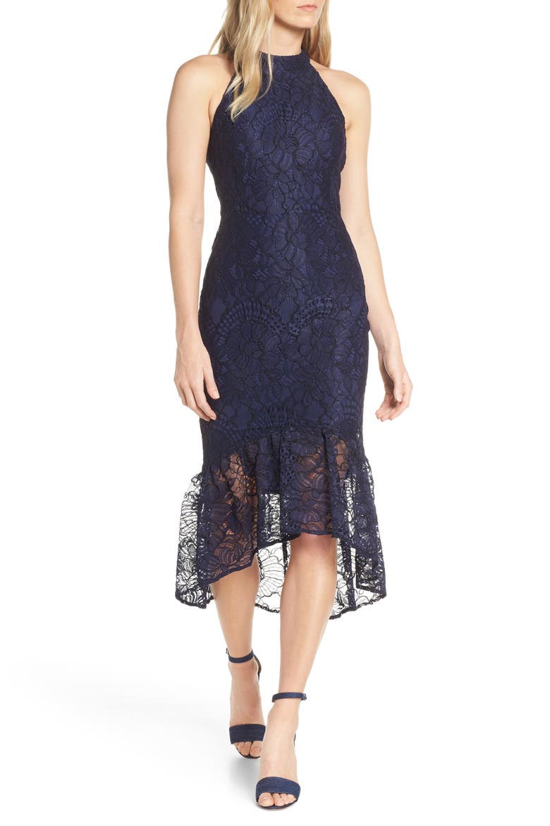 Lace Halter High/Low Dress, Main, color, NAVY