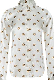 L'AGENCE Tyler Heart Print Silk Button-Up Shirt