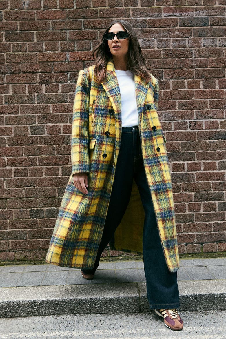 Checked Wool Blend Maxi Coat, Alternate, color, Yellow