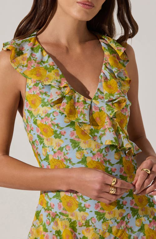 Astr The Label Ruffle Sleeveless High-low Midi Dress In Blue Multi Floral