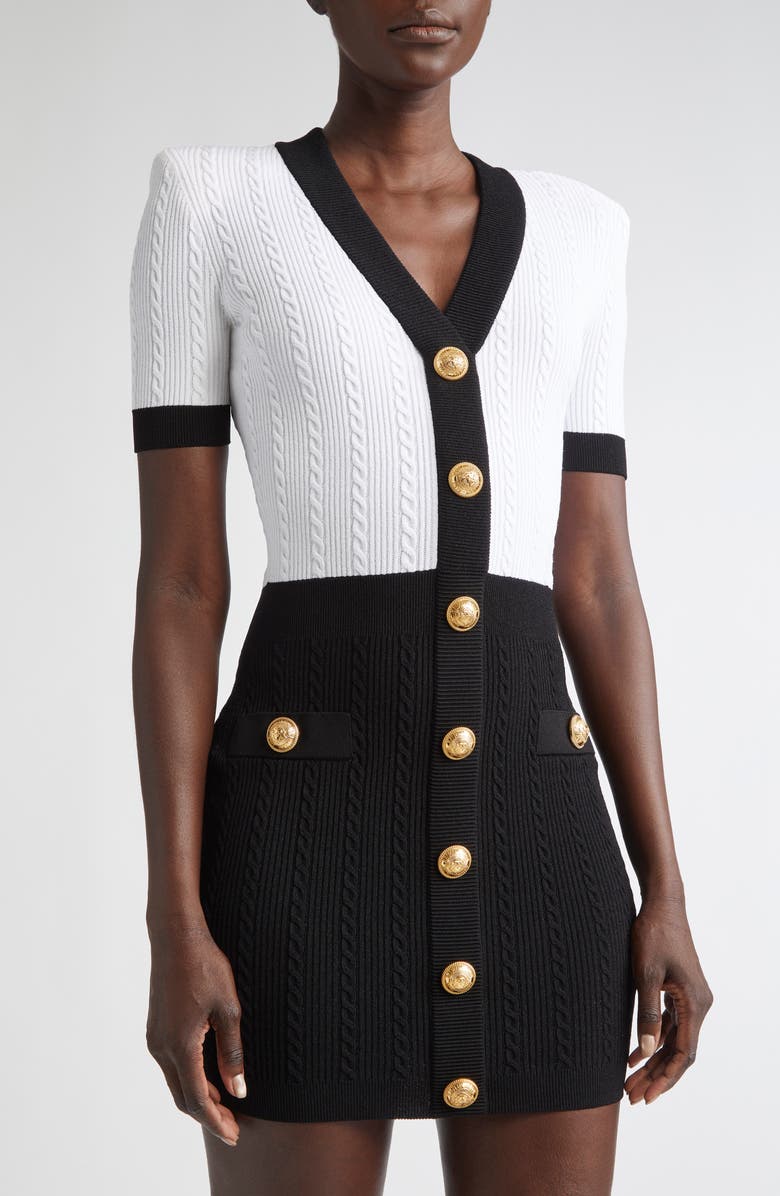 Balmain Colorblock Twisted Cable Knit Sweater Dress, Alternate, color, Eab Blk/ White