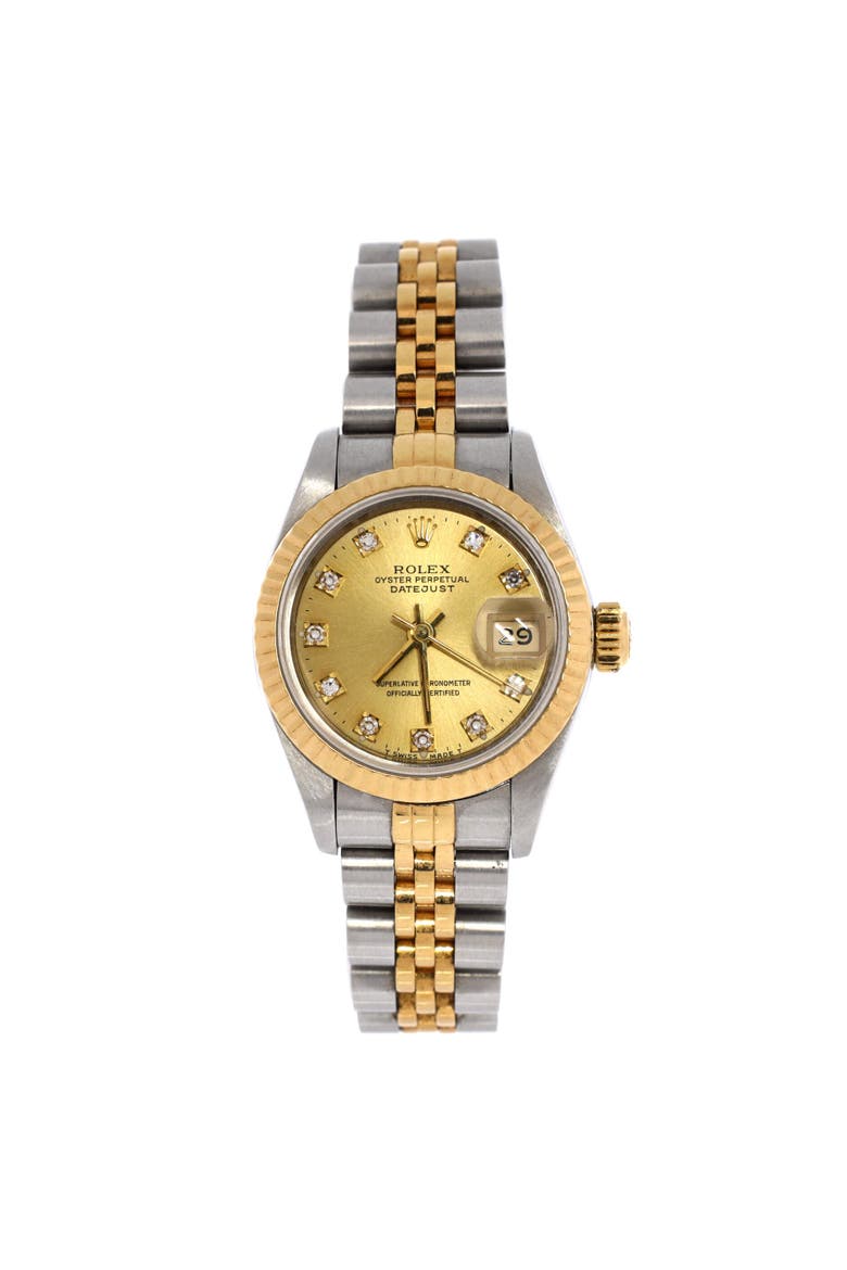 Oyster Perpetual Datejust Automatic Watch Stainless Steel and Yellow Gold with Diamond Markers 26, Main, color, Metallic Silver