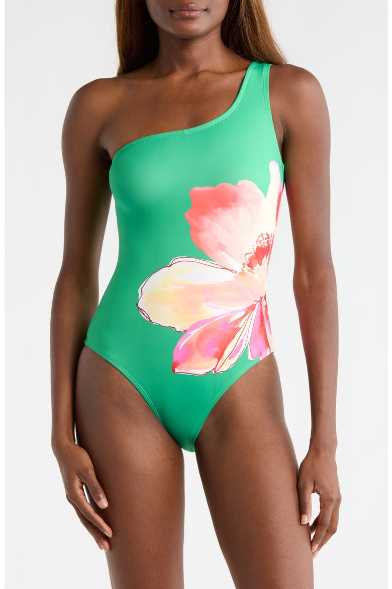 Placement Print One-Shoulder One-Piece Swimsuit, Main, color, GREEN TRELLIS