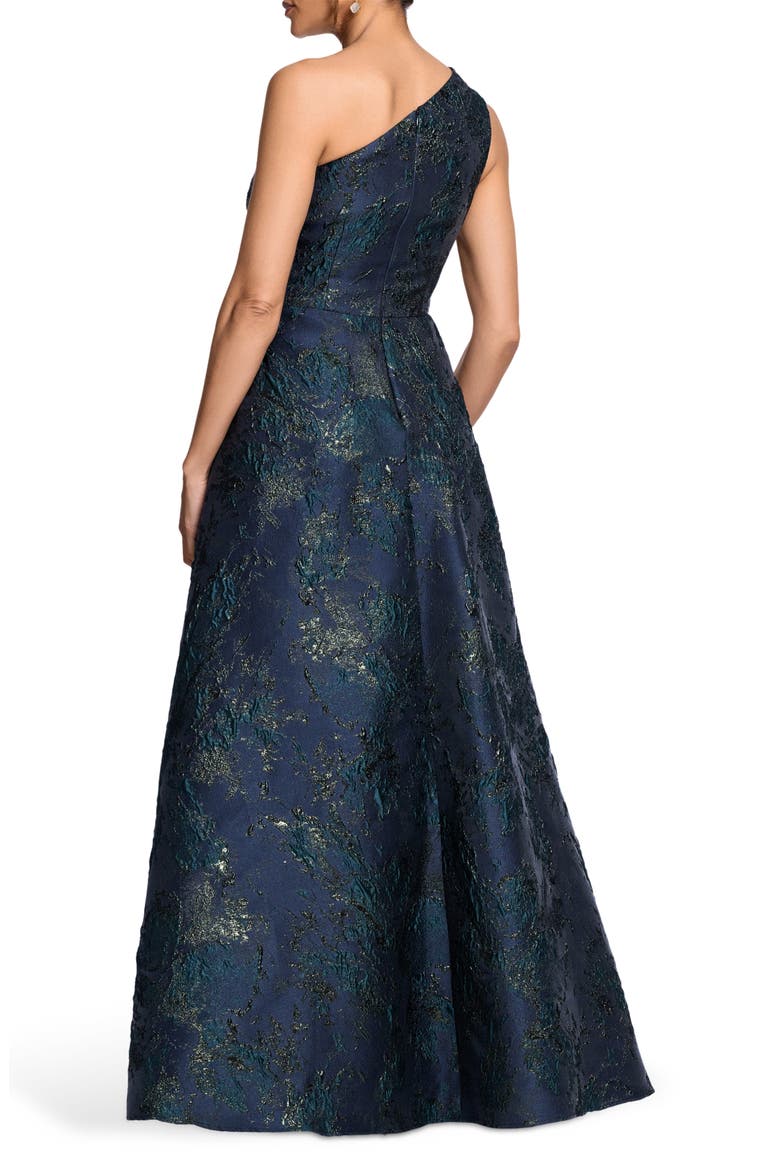 One-Shoulder Jacquard Gown, Alternate, color, NAVY/ GREEN
