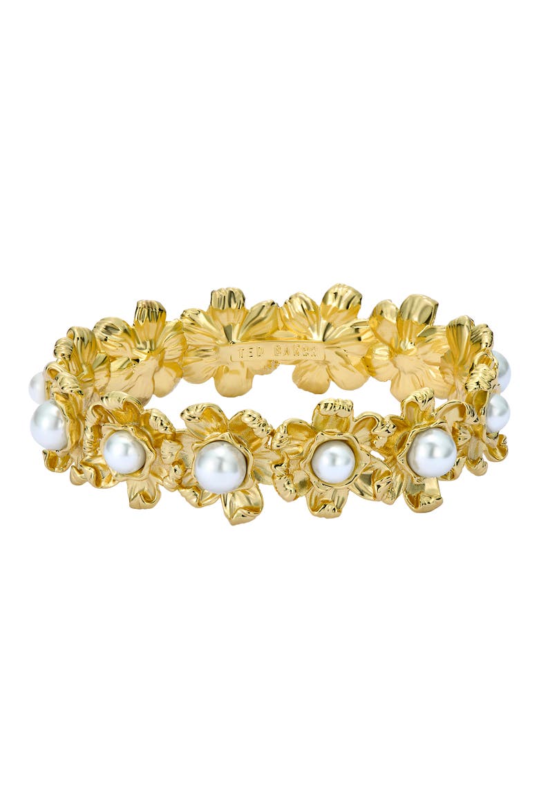 Darell Daisy Faux Pearl Bangle Bracelet, Main, color, GOLD TONE / PEARL