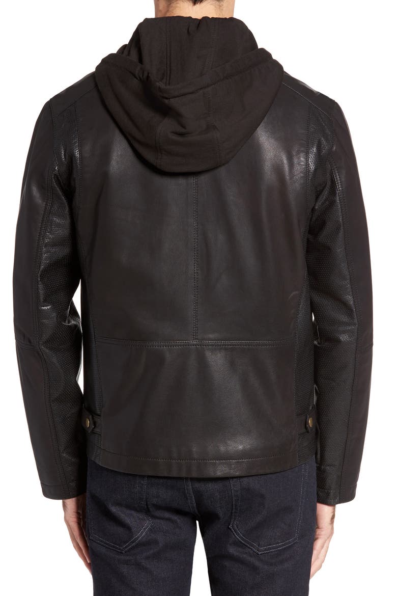 Leather Moto Jacket with Knit Hood, Alternate, color, BLACK