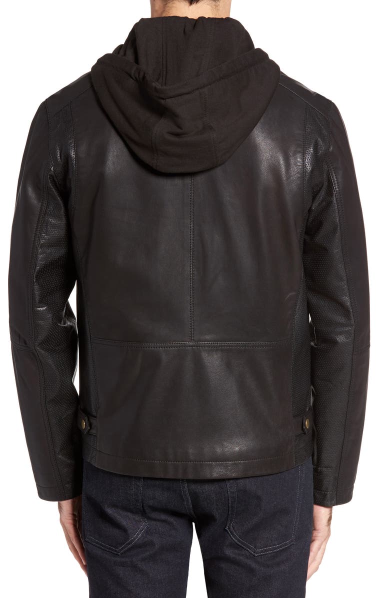 Cole Haan Leather Moto Jacket with Knit Hood, Alternate, color, 