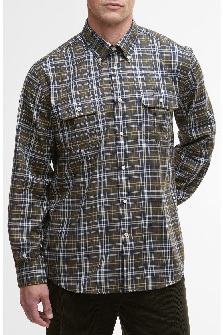 Saldon Regular Fit Plaid Performance Button-Up Shirt, Main, color, OLIVE