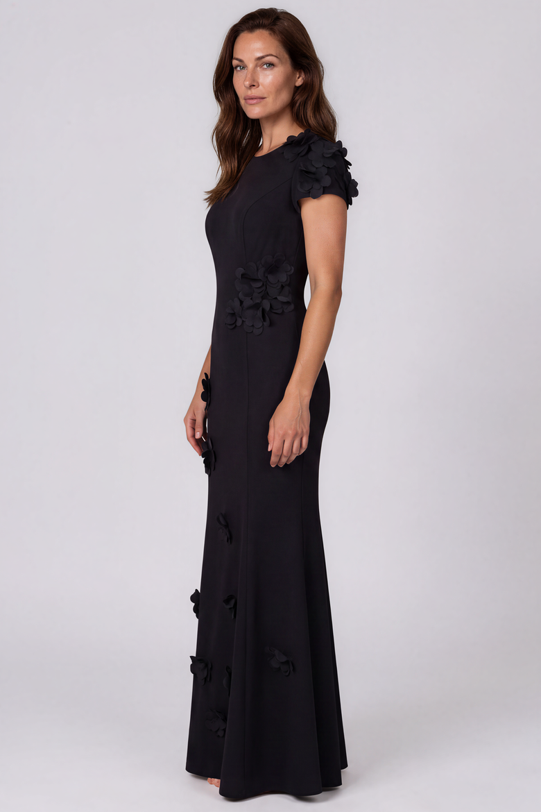 High Neck Crepe Gown, Alternate, color, Black