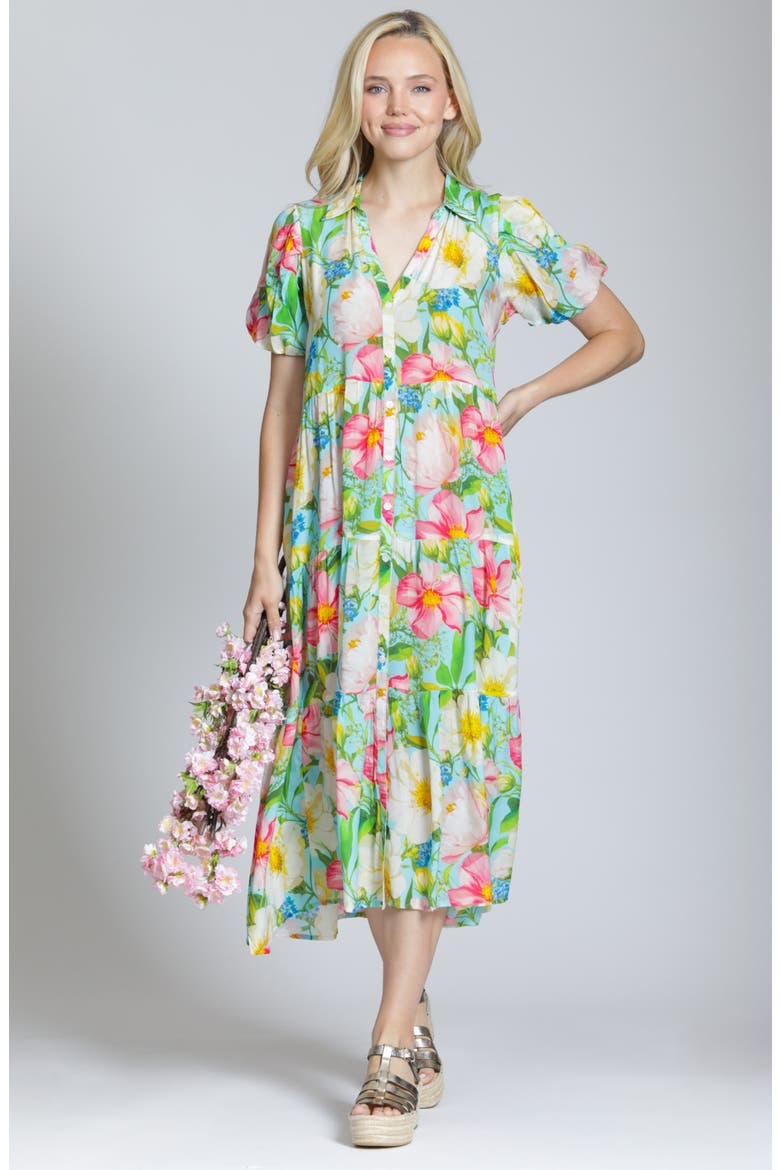 Puff Sleeve Tiered Shirtdress, Alternate, color, GREEN/ PINK MULTI