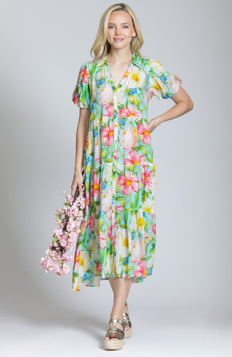 APNY Puff Sleeve Tiered Shirtdress, Alternate, color, Green/ Pink Multi