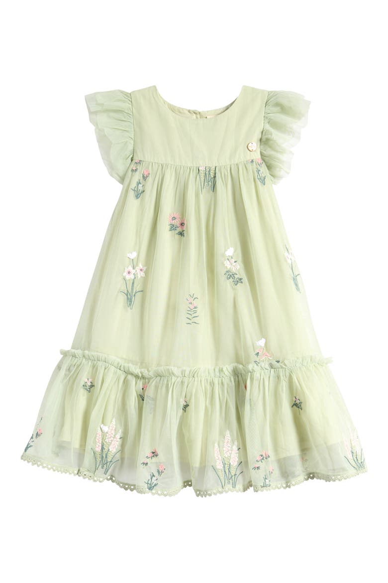 Kids' Floral Embroidered Ruffle Mesh Dress, Main, color, SAGE GREEN