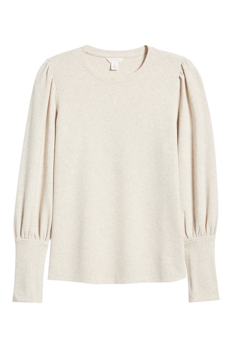 Crewneck Puff Sleeve Rib Top, Alternate, color, BEIGE OATMEAL LIGHT HEATHER