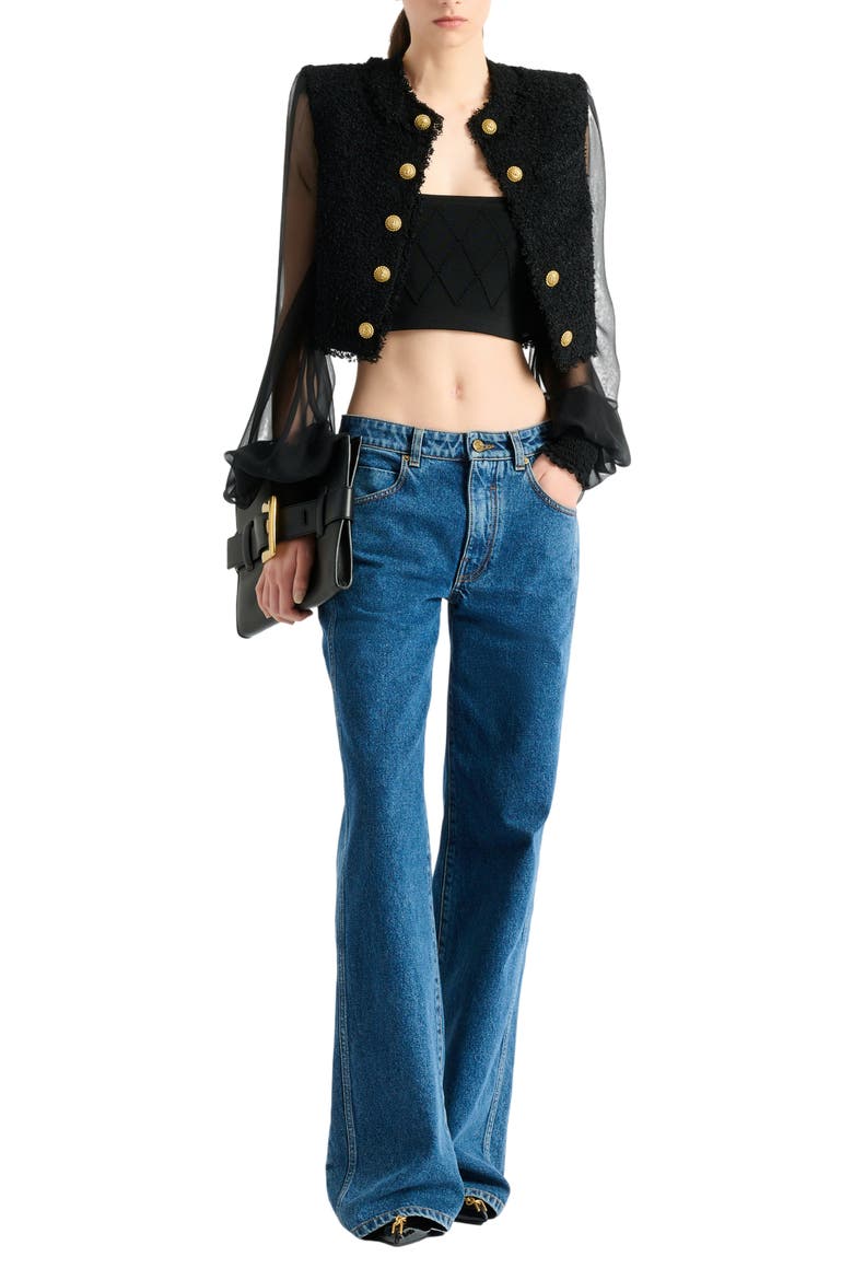 Cropped tweed and muslin jacket, Alternate, color, black