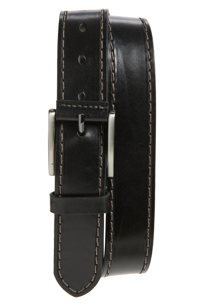 Laser Stitch Leather Belt, Main, color, BLACK