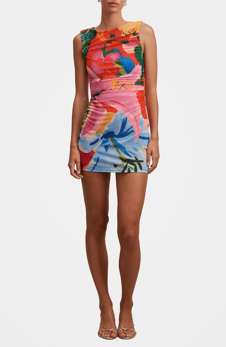 Ever New Lucille Ruched Mesh Minidress, Main, color, Sola Tropical