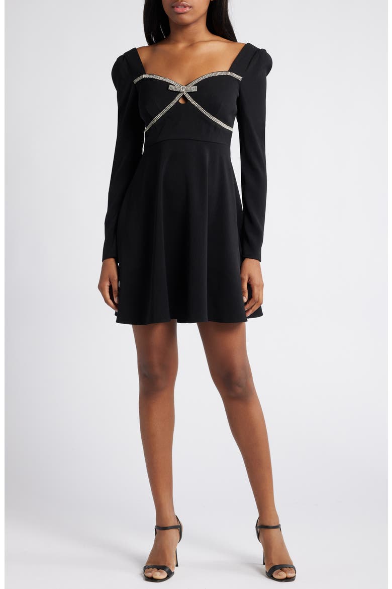 Rhinestone Bow Long Sleeve Fit & Flare Minidress, Main, color, BLACK