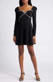 MOON RIVER Rhinestone Bow Long Sleeve Fit & Flare Minidress