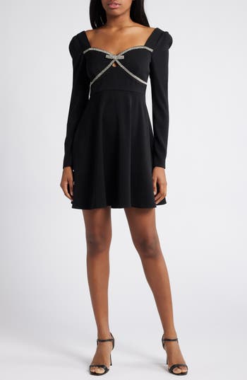Moon River Rhinestone Bow Long Sleeve Fit & Flare Minidress In Black