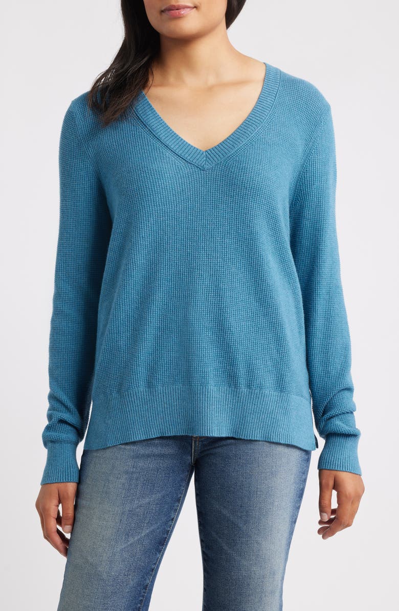 NIC+ZOE Waffle Stitch V-Neck Sweater, Main, color, Peacock