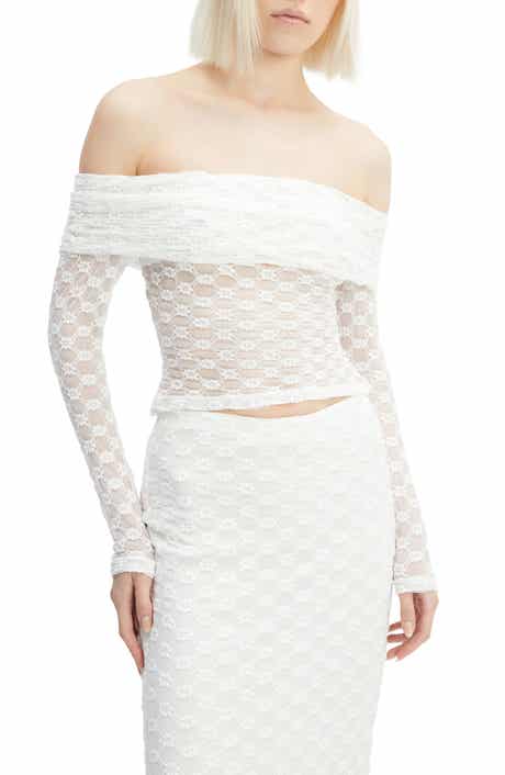 Adoni Off the Shoulder Embroidered Sheer Mesh Top
