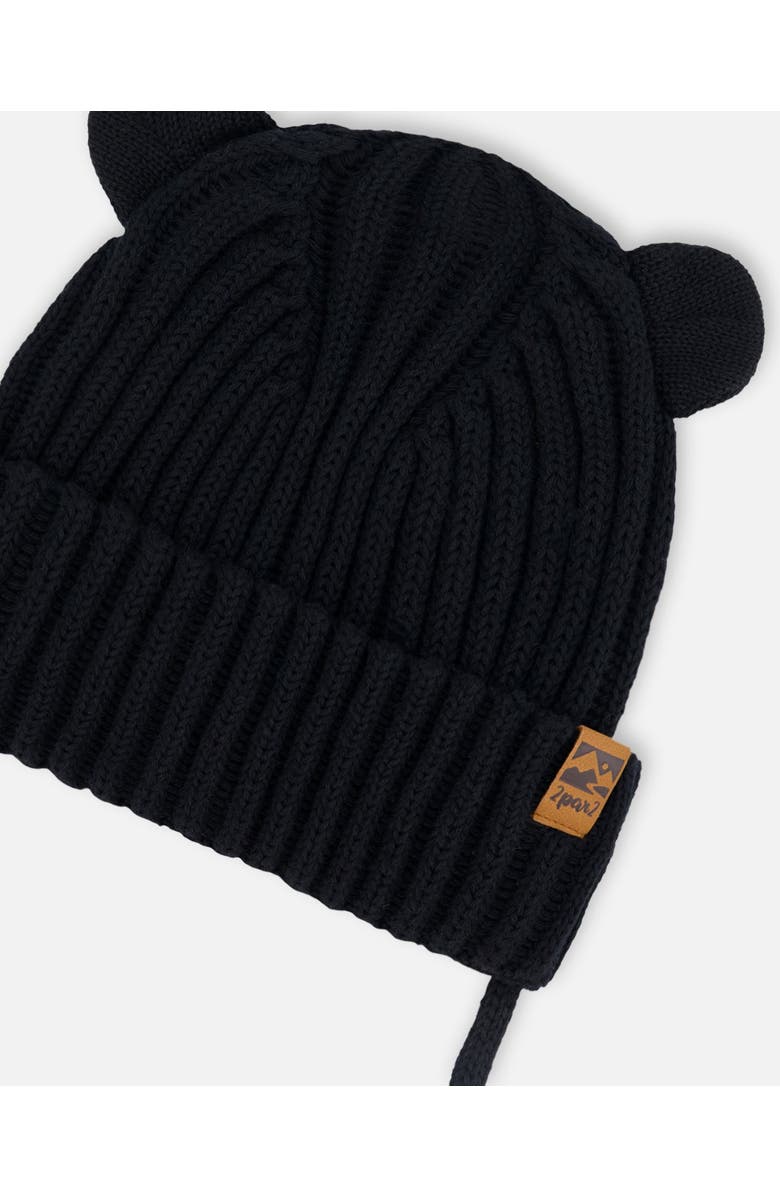 Deux par Deux Baby Unisex Baby Knit Hat With Strings Black, Alternate, color, 