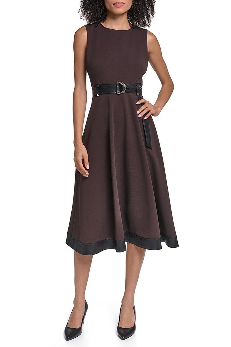 Belted Sleeveless Scuba Crepe Midi Dress, Main, color, ESPRESSO/ BLACK
