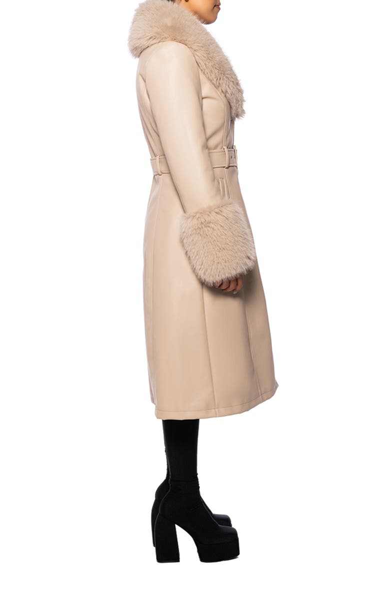 AZALEA WANG Belted Faux Fur Trim Faux Leather Trench Coat, Alternate, color, 