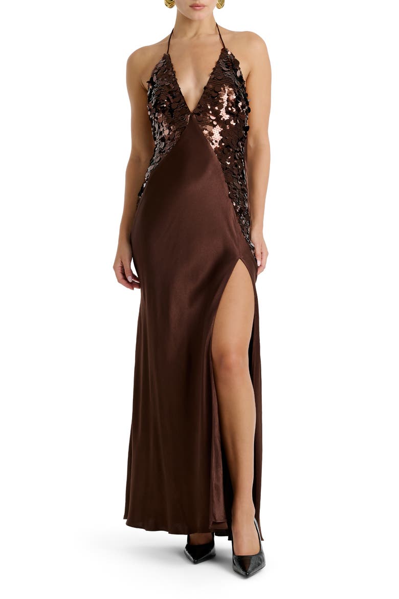 Paillette Halter Satin Gown, Main, color, CHOCOLATE