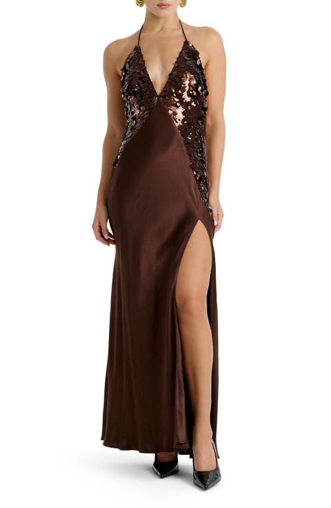 Paillette Halter Satin Gown