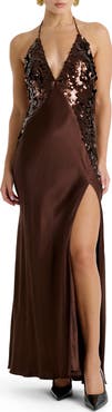 Bardot Paillette Halter Satin Gown