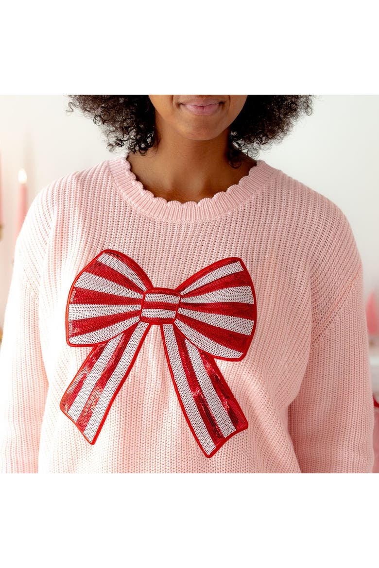 Candy Cane Sequin Bow Patch Christmas Women's Sweater, Alternate, color, Ballet
