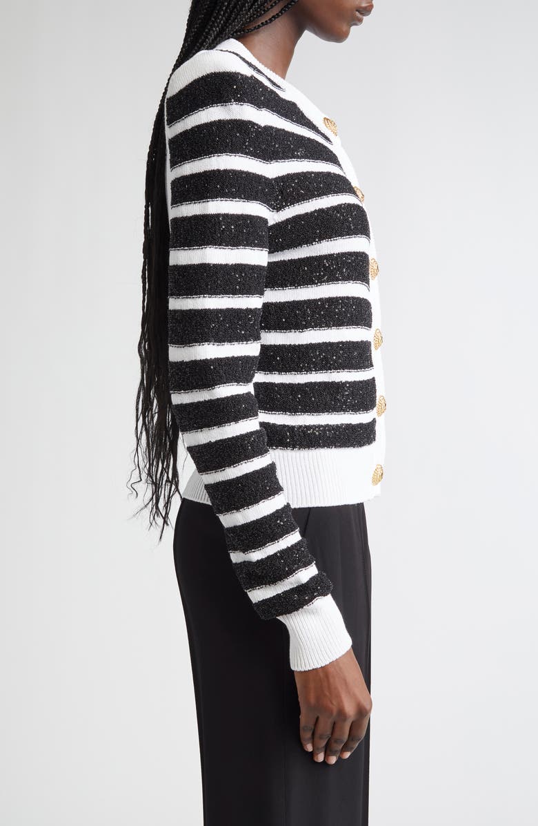Balmain Makeup Stripe Sequin Cardigan, Alternate, color, White/ Black
