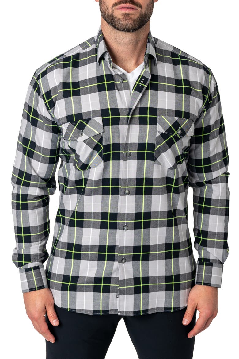 Plaid Embroidered Cotton Flannel Button-Up Shirt, Main, color, BLACK