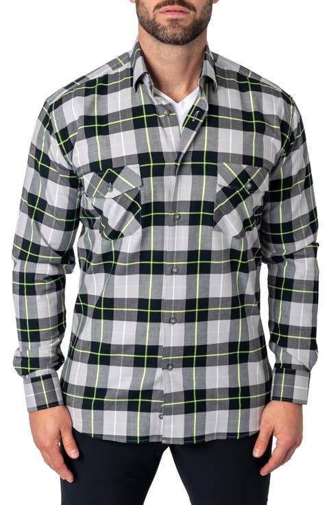 Plaid Embroidered Cotton Flannel Button-Up Shirt
