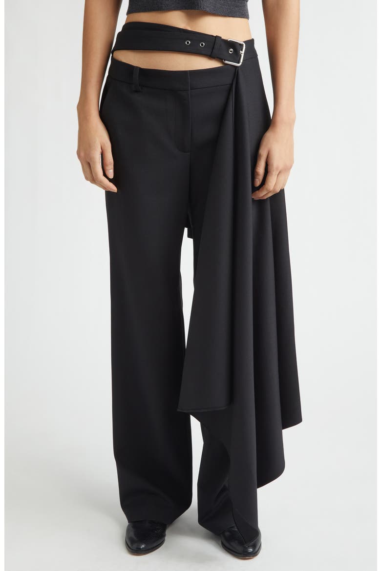 Regular Fit Belted Pleated Stretch Virgin Wool Skirt Trousers, Main, color, BLACK