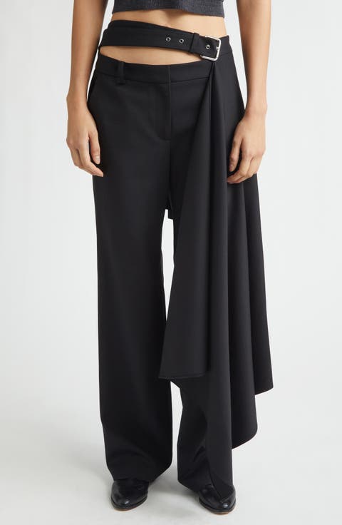 Regular Fit Belted Pleated Stretch Virgin Wool Skirt Trousers